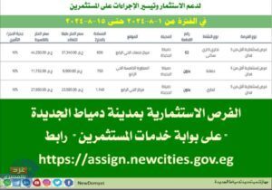 طرح قطع أراضي استثمارية " تجارية إدارية سكنية وحضانة" بنظام الإتاحة بدمياط الجديدة 