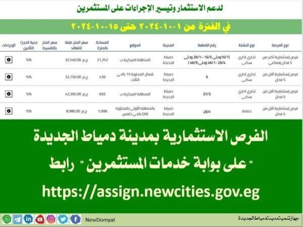 أهم الفرص الاستثمارية بنظام الإتاحة بمدينة دمياط الجديدة خلال أكتوبر الجاري أهم الفرص الاستثمارية بنظام الإتاحة بمدينة دمياط الجديدة خلال أكتوبر الجاري
