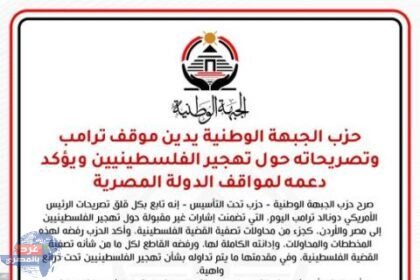حزب الجبهة الوطنية يندد بتصريحات ترامب حول تهجير الفلسطينيين ويؤكد دعمه لمصر