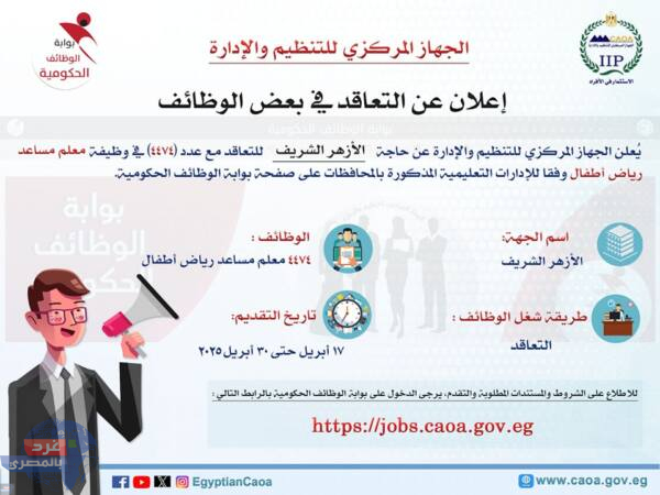 فرصة عمل: معلم رياض أطفال بمدارس الأزهر الشريف