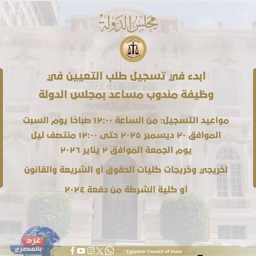 تعيينات مجلس الدولة: فتح باب التقديم لوظائف مندوب مساعد لخريجي دفعة 2024
