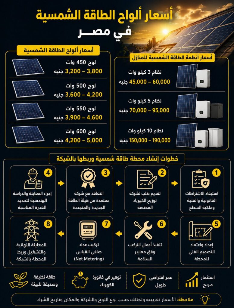 ☀️ أسعار ألواح الطاقة الشمسية في مصر.. والربط بالشبكة القومية خطوة بخطوة