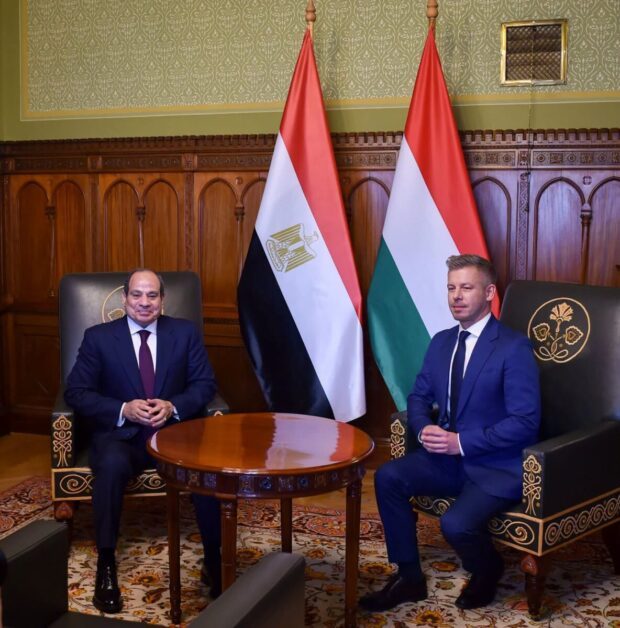 الرئيس عبد الفتاح السيسي ورئيس وزراء المجر بيتر ماتشار خلال المؤتمر الصحفي المشترك في قمة بودابست بمقر البرلمان المجري